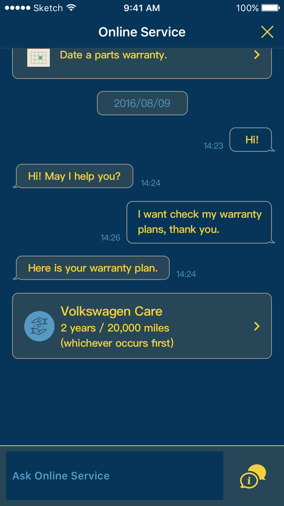 EPIOR Warranty conversational service and warranty flow